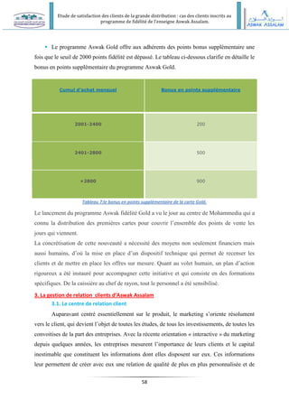 Etude de satisfaction des clients de la grande distribution : cas des clients inscrits au
programme de fidélité de l’enseigne Aswak Assalam.
58
 Le programme Aswak Gold offre aux adhérents des points bonus supplémentaire une
fois que le seuil de 2000 points fidélité est dépassé. Le tableau ci-dessous clarifie en détaille le
bonus en points supplémentaire du programme Aswak Gold.
Cumul d’achat mensuel Bonus en points supplémentaire
2001-2400 200
2401-2800 500
+2800 900
Tableau 7:le bonus en points supplémentaire de la carte Gold.
Le lancement du programme Aswak fidélité Gold a vu le jour au centre de Mohammedia qui a
connu la distribution des premières cartes pour couvrir l’ensemble des points de vente les
jours qui viennent.
La concrétisation de cette nouveauté a nécessité des moyens non seulement financiers mais
aussi humains, d’où la mise en place d’un dispositif technique qui permet de recenser les
clients et de mettre en place les offres sur mesure. Quant au volet humain, un plan d’action
rigoureux a été instauré pour accompagner cette initiative et qui consiste en des formations
spécifiques. De la caissière au chef de rayon, tout le personnel a été sensibilisé.
3. La gestion de relation clients d’Aswak Assalam
3.1. Le centre de relation client
Auparavant centré essentiellement sur le produit, le marketing s’oriente résolument
vers le client, qui devient l’objet de toutes les études, de tous les investissements, de toutes les
convoitises de la part des entreprises. Avec la récente orientation « interactive » du marketing
depuis quelques années, les entreprises mesurent l’importance de leurs clients et le capital
inestimable que constituent les informations dont elles disposent sur eux. Ces informations
leur permettent de créer avec eux une relation de qualité de plus en plus personnalisée et de
 