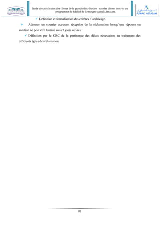 Etude de satisfaction des clients de la grande distribution : cas des clients inscrits au
programme de fidélité de l’enseigne Aswak Assalam.
89
 Définition et formalisation des critères d’archivage.
 Adresser un courrier accusant réception de la réclamation lorsqu’une réponse ou
solution ne peut être fournie sous 5 jours ouvrés :
 Définition par le CRC de la pertinence des délais nécessaires au traitement des
différents types de réclamation.
 