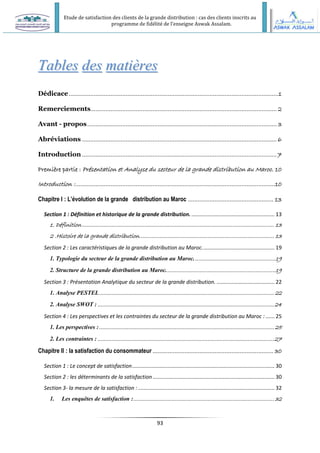 Etude de satisfaction des clients de la grande distribution : cas des clients inscrits au
programme de fidélité de l’enseigne Aswak Assalam.
93
T
Ta
ab
bl
le
es
s d
de
es
s m
ma
at
ti
iè
èr
re
es
s
Dédicace.............................................................................................................................1
Remerciements............................................................................................................... 2
Avant - propos................................................................................................................. 3
Abréviations .................................................................................................................... 6
Introduction ....................................................................................................................7
Première partie : Présentation et Analyse du secteur de la grande distribution au Maroc. 10
Introduction :.......................................................................................................................10
Chapitre I : L’évolution de la grande distribution au Maroc ................................................... 13
Section 1 : Définition et historique de la grande distribution. ........................................................ 13
1. Définition............................................................................................................................ 13
2 .Histoire de la grande distribution....................................................................................... 13
Section 2 : Les caractéristiques de la grande distribution au Maroc................................................. 19
1. Typologie du secteur de la grande distribution au Maroc.....................................................19
2. Structure de la grande distribution au Maroc.......................................................................19
Section 3 : Présentation Analytique du secteur de la grande distribution. ....................................... 22
1. Analyse PESTEL................................................................................................................. 22
2. Analyse SWOT : ..................................................................................................................24
Section 4 : Les perspectives et les contraintes du secteur de la grande distribution au Maroc : ...... 25
1. Les perspectives :.................................................................................................................25
2. Les contraintes : ..................................................................................................................27
Chapitre II : la satisfaction du consommateur ........................................................................ 30
Section 1 : Le concept de satisfaction................................................................................................ 30
Section 2 : les déterminants de la satisfaction .................................................................................. 30
Section 3- la mesure de la satisfaction :............................................................................................ 32
1. Les enquêtes de satisfaction :........................................................................................... 32
 
