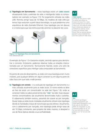 a)	 Topologia em barramento – nesta topologia existe um cabo coaxia
atravessando toda a extensão da rede e interligando todos os compu-
tadores (ver exemplo na Figura 1.5). Foi largamente utilizada nas redes
LAN. Permitia atingir taxas de 10 Mbps. Os modelos de rede LAN que
temos hoje evoluíram a partir dessa tecnologia, na qual predomina uma
arquitetura de rede chamada Ethernet. Essa topologia caiu em desuso
e o motivo para que isso tenha ocorrido veremos no decorrer do curso.
Figura 1.5: Topologia física em barramento
Fonte: Elaborada pelo autor
O exemplo da Figura 1.5 é bastante simples, servindo apenas para demons-
trar o conceito. Entretanto, podemos observar todas as estações interco-
nectadas por um barramento. Tecnicamente falando, existe uma série de
conectores específicos para interligar cada computador ao barramento.
Do ponto de vista do desempenho, as redes com essa topologia eram muito
instáveis, pois qualquer defeito em algum conector ou em alguma parte do
cabo fazia com que toda a rede parasse.
b)	 Topologia em estrela – é a evolução da topologia em barramento e a
mais utilizada atualmente para as redes locais. O nome estrela se deve
ao fato de existir um concentrador na rede (ver Figura 1.6), onde se
conectam todos os cabos provenientes dos “nós” da rede. Esses equipa-
mentos concentradores são atualmente denominados hubs e switches.
O cabeamento também evoluiu, passando do coaxial ao par trançado.
Quase todas as redes locais instaladas atualmente utilizam esta topologia
devido às facilidades e taxas de transmissão que ela oferece. Atualmente,
com o cabeamento par trançado, esta topologia pode atingir taxas de
até 10 Gbps; entretanto, para projetos de redes maiores, é desejável o
uso de fibras ópticas devido a sua confiabilidade.
Cabo coaxial
Um tipo de cabo grosso e rígido
(o mesmo que usamos na
maioria de nossas TVs a cabo).
São formados por um núcleo de
cobre e por uma malha de metal
que o envolve para absorver as
interferências externas. Foram
usados nas primeiras redes
locais. Pela sua natureza (grosso,
pesado e pouco maleável) não
são mais usados em redes locais.
Nós
É um termo que designa
qualquer equipamento que
esteja ligado diretamente a uma
rede, seja ela LAN, MAN ou
WAN. Um computador ou uma
impressora podem ser um “nó”
de uma rede LAN; um celular
pode ser um “nó” de uma rede
WAN.
e-Tec BrasilAula 1 – Redes de computadores 23
 