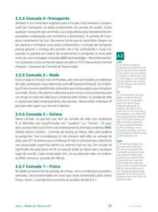 2.2.4 Camada 4 –Transporte
Também é um nome bem sugestivo para a função. Esta camada é a respon-
sável por transportar os dados provenientes da camada de sessão. Como
qualquer transporte por caminhão, sua carga precisa estar devidamente em-
pacotada e endereçada com remetente e destinatário. A camada de trans-
porte inicialmente faz isso. Da mesma forma que os caminhões chegam ao
seu destino e entregam suas caixas corretamente, a camada de transporte
precisa garantir a entrega dos pacotes. Ela o faz controlando o fluxo (co-
locando os pacotes em ordem de recebimento) e corrigindo os erros pelo
envio de uma mensagem chamada ACK (Acknowledge – Reconhecimento).
Um protocolo muito conhecido desta camada é o TCP (Transmission Control
Protocol – Protocolo de Controle de Transmissão).
2.2.5 Camada 3 – Rede
Esta camada é uma das mais conhecidas, pois nela são tratados os endereços
de rede, conhecidos resumidamente como IP (Internet Protocol). Os endere-
ços IP são números predefinidos atribuídos aos computadores que compõem
uma rede. Afinal, não adianta nada você querer enviar uma encomenda para
um amigo se você não sabe qual o endereço dele correto. A camada de rede
é responsável pelo endereçamento dos pacotes, adicionando endereços IP
para que eles sigam sua rota até o destino.
2.2.6 Camada 2 – Enlace
Nesta camada, os pacotes que vêm da camada de rede com endereços
IP já definidos são transformados em “quadros” ou “frames”. Os qua-
dros acrescentam outra forma de endereçamento chamada endereço MAC
(Media Access Control – Controle de Acesso ao Meio). Mas você poderia
se perguntar: mas os endereços já não estavam definidos na camada de
rede, pelo IP? Acontece que o endereço IP não é suficiente para identificar
um computador específico dentro da internet hoje em dia. Em virtude do
significado de cada bloco do IP, um pacote pode ser destinado a qualquer
lugar do mundo. Cada computador tem, na sua placa de rede, um endere-
ço MAC exclusivo, gravado de fábrica.
2.2.7 Camada 1 – Física
Os dados provenientes da camada de enlace, com os endereços já preesta-
belecidos, são transformados em sinais que serão transmitidos pelos meios
físicos. Assim, a camada física converte os quadros de bits 0 e 1:
ACK
É um pacote enviado ao
transmissor para informá-lo de
que os pacotes foram recebidos
com sucesso. Em caso negativo,
é enviado um NACK que, como
o nome sugere, é uma negação
do ACK, dizendo que o pacote
não foi entregue corretamente
ou não chegou.
IP
É um número de 32 bits que
define o endereço de uma
rede ou de um computador,
escrito em quatro blocos
separados por ponto. Ex-
emplos: 192.168.10.33 ou
200.176.155.147. Cada bloco
corresponde a um número de 8
bits, que pode variar, portanto,
de 0 a 255 (256 números ou
28). A versão do protocolo
IP mais usado atualmente é
a IPv4. Entretanto, como a
escassez é iminente, uma nova
versão (IPv6) de 128 bits já está
padronizada para uso.
MAC
É um endereço exclusivo da
placa de rede. Os fabrican-
tes adotam um processo de
numeração para garantir que
não ocorram números MAC
iguais em suas placas. Assim,
é garantido que numa rede
não existam dois endereços
físicos iguais. O número contém
48 bits, normalmente escrito
em notação hexadecimal, por
exemplo: 00-C0-95-EC-B7-93.
Falaremos mais sobre MAC nas
próximas aulas.
e-Tec BrasilAula 2 – Modelo de referência OSI 31
 