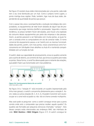 Na Figura 3.5 existem duas redes interconectadas por uma ponte; cada rede
tem o seu sinal distribuído por um hub. Como o próprio nome sugere, a
ponte interliga duas regiões. Pode, também, ligar mais de duas redes, de-
pendendo da quantidade de portas que possuir.
Com o passar dos anos e acompanhando a evolução tecnológica dos com-
putadores, os equipamentos de rede foram dotados de algum tipo de pro-
cessamento que exige memória (buffer) e processador. Seguindo a mesma
tendência, os preços também foram derrubados, pois houve uma explosão
do consumo desses equipamentos por parte das empresas e das pessoas.
Assim, as pontes passaram a ser fabricadas com muitas portas, as quais fa-
zem a conexão entre os computadores em vez de conectar redes. O nome
comercial do equipamento passou a ser Switch,com as mesmas funcionali-
dades das pontes, porém, com mais portas, novas características como fun-
cionamento em full-duplex (mais detalhes na Aula 4) e mantendo compati-
bilidade com as funções do hub.
O switch, dada sua capacidade de processamento, envia os quadros somente
para a porta de destino, ao contrário do hub, que envia os quadros para todas
as portas. Dessa forma, o canal fica desocupado para o restante das estações,
que podem fazer suas transmissões sem mais problemas.
A B C D E F G H
Figura 3.6: Funcionamento básico de um switch
Fonte:Torres (2001, p. 349)
Na Figura 3.6 a “estação A” está enviando um quadro (representado pela
linha mais grossa); o switch o encaminha diretamente para a estação E. As-
sim, todas as outras estações (B, C, D, E, G, H) podem transmitir sem se pre-
ocupar se o canal está ocupado ou não. Isto se chama conexão multiponto.
Mas você pode se perguntar: como o switch consegue enviar para a porta
correta onde está o computador que precisa receber aquele quadro? Os
quadros são formados por pequenas estruturas chamadas “campos”. Dois
desses campos estão relacionados aos endereços MAC das interfaces de
rede: MAC Destino e MAC Origem (Figura 3.7). O switch consegue ler
e-Tec BrasilAula 3 – Componentes de redes 43
 