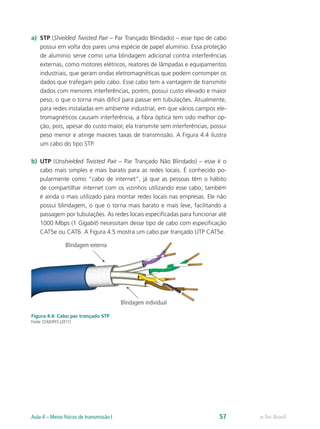 a)	 STP (Shielded Twisted Pair – Par Trançado Blindado) – esse tipo de cabo
possui em volta dos pares uma espécie de papel alumínio. Essa proteção
de alumínio serve como uma blindagem adicional contra interferências
externas, como motores elétricos, reatores de lâmpadas e equipamentos
industriais, que geram ondas eletromagnéticas que podem corromper os
dados que trafegam pelo cabo. Esse cabo tem a vantagem de transmitir
dados com menores interferências, porém, possui custo elevado e maior
peso, o que o torna mais difícil para passar em tubulações. Atualmente,
para redes instaladas em ambiente industrial, em que vários campos ele-
tromagnéticos causam interferência, a fibra óptica tem sido melhor op-
ção, pois, apesar do custo maior, ela transmite sem interferências, possui
peso menor e atinge maiores taxas de transmissão. A Figura 4.4 ilustra
um cabo do tipo STP.
b)	 UTP (Unshielded Twisted Pair – Par Trançado Não Blindado) – esse é o
cabo mais simples e mais barato para as redes locais. É conhecido po-
pularmente como “cabo de internet”, já que as pessoas têm o hábito
de compartilhar internet com os vizinhos utilizando esse cabo; também
é ainda o mais utilizado para montar redes locais nas empresas. Ele não
possui blindagem, o que o torna mais barato e mais leve, facilitando a
passagem por tubulações. As redes locais especificadas para funcionar até
1000 Mbps (1 Gigabit) necessitam desse tipo de cabo com especificação
CAT5e ou CAT6. A Figura 4.5 mostra um cabo par trançado UTP CAT5e.
Figura 4.4: Cabo par trançado STP
Fonte: CEAD/IFES (2011)
e-Tec BrasilAula 4 – Meios físicos de transmissão I 57
 