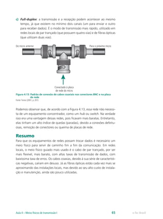 c)	 Full-duplex: a transmissão e a recepção podem acontecer ao mesmo
tempo, já que existem no mínimo dois canais (um para enviar e outro
para receber dados). É o modo de transmissão mais rápido, utilizado em
redes locais de par trançado (que possuem quatro vias) e de fibras ópticas
(que utilizam duas vias).
Do micro anterior Para o próximo micro
Conectado à placa
de rede do micro
Figura 4.13: Padrão de conexão de cabos coaxiais nos conectores BNC e na placa
de rede
Fonte:Torres (2001, p. 201)
Podemos observar que, de acordo com a Figura 4.13, essa rede não necessi-
ta de um equipamento concentrador, como um hub ou switch. Na verdade
isso era uma vantagem dessas redes, pois ficavam mais baratas. Entretanto,
elas tinham um alto índice de quedas (paradas), devido a conexões defeitu-
osas, remoção de conectores ou queima de placas de rede.
Resumo
Para que os equipamentos de redes possam trocar dados é necessário um
meio físico para servir de caminho fim a fim da comunicação. Em redes
locais, o meio físico guiado mais usado é o cabo de par trançado, por ser
mais flexível, mais barato, com altas taxas de transmissão de dados, com
baixíssima taxa de erros. Os cabos coaxias, devido à sua série de característi-
cas negativas, caíram em desuso. Já as fibras ópticas estão cada vez mais se
aproximando das instalações locais, mas devido ao seu alto custo de instala-
ção e manutenção, ainda são pouco utilizadas.
e-Tec BrasilAula 4 – Meios físicos de transmissão I 65
 