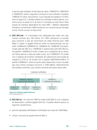 o tipo de cabo utilizado. Há três tipos de cabos: 100BASET4, 100BASETX
e 100BASEFX; sendo o segundo e o terceiro os mais utilizados. O padrão
100BASE-TX utiliza, basicamente, o par trançado de categoria 5 (CAT5),
visto na seção 4.2.1; também podem ser utilizadas as fibras ópticas, con-
forme vimos na seção 4.2.2 da Aula 4. A conexão ao meio físico é feita
através da interface dependente do meio (MDI – Medium Dependent
Interface); normalmente a MDI consiste em um conector de par trançado
(como o RJ-45, já visto na Figura 4.6).
c)	 IEEE 802.3ab – É a tecnologia mais adequada para redes com seg-
mentos menores que 100 metros. Em 1996 começaram os estudos
para aumentar a taxa de transmissão em redes Ethernet para 1000
Mbps (1 Gbps). O gigabit Ethernet então foi desmembrado nos pa-
drões 1000BaseX (1000BASE-LX, 1000BASE-SX, 1000BASE-CX) padro-
nizado pelo IEE 802.3z e 1000BASE-T, padronizado pelo IEEE 802.3a.
Os padrões 1000BASE-X foram criados com o propósito de se utiliza-
rem fibras ópticas e cabos de cobre curtos. Já o 1000BASE-T foi criado
com o objetivo de reutilizar instalações de cabeamento estruturado de
categoria 5 (CAT 5), de acordo com o padrão ANSI/TIA/EIA-568-A. O
padrão 1000BASE-T utiliza os quatro pares disponíveis no par trançado
(por esse motivo consegue transmitir a 1000 Mbp/s), diferentemente
dos padrões anteriores, que utilizam somente dois pares desse cabo.
1000BASE-X 8B/10B
Codiﬁcador/Decodiﬁcador
1000BASE-T
Codiﬁcador/Decodiﬁcador
1000BASE-SX
Transceptor
1000BASE-SX
Transceptor
1000BASE-LX
Transceptor
1000BASE-CX
Transceptor
CAMADAS SUPERIORES
Figura 6.4: Padrões gigabit Ethernet
Fonte: Elaborada pelo autor
d)	 IEEE 802.3z – Em julho de 1996 foi criada a IEEE 802.3z com o objetivo
de desenvolver o padrão gigabit Ethernet. O padrão deveria possuir as
seguintes características:
•	 permitir operações Half-Duplex e Full-Duplex com taxas de 1000 Mbps;
•	 utilizar o formato do quadro Ethernet 802.3;
e-Tec BrasilAula 6 – Padrões de redes 81
 