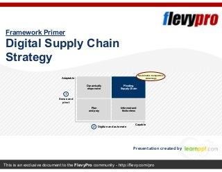 This is an exclusive document to the FlevyPro community - http://flevy.com/pro
Framework Primer
Digital Supply Chain
Strategy
Presentation created by
Dynamically
responsive
Pivoting
Supply Chain
Plan
and pray
Informed and
frictionless
Adaptable
Capable
Sense and
pivot
1
Digitize and automate2
Sustainable Competitive
Advantage
 