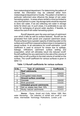from meteorological department. For determining the pattern of
rainfall, the information may be collected either from
meteorological department or locally. The pattern of rainfall in a
particular cathcment area influence the design of rain water
harvesting system. In areas where rainfall is more but limited to
very short period in a year, big storage tanks would be required
to store rain water, if we are collecting rain water in storage
tanks for direct use. In such areas, it is preferable to use rain
water for recharging of ground water aquifers, if feasible, to
reduce the cost of rain water harvesting system.

         Runoff depends upon the area and type of catchment
over which it falls as well as surface features. Runoff can be
generated from both paved and unpaved catchment areas.
Paved surfaces have a greater capacity of retaining water on the
surface and runoff from unpaved surface is less in comparison to
paved surface. In all calculations for runoff estimation, runoff
coefficient is used to account for losses due to spillage,
leakage, infiltrations catchment surface wetting and
evaporation, which will ultimately result into reduced runoff.
Runoff coefficient for any catchment is the ratio of the volume of
water that run off a surface to the total volume of rainfall on the
surface. The runoff coefficient for various surfaces is given in
table 1.3.
    Table 1.3 Runoff coefficients for various surfaces

S.No.          Type of catchment                  Coefficients
        Roof catchments
   1    Tiles                                           0.8-0.9
   2    Corrugated metal sheets                         0.7-0.9
        Ground surface coverings
   3    Concrete                                        0.6-0.8
   4    Brick pavement                                  0.5-0.6
        Untreated ground catchments
   5    Soil on slopes less than 10%                    0.0-0.3
   6    Rocky natural catchments                        0.2-0.5

         Source : Pacey, Amold and Cullis, Adrian 1989, Rain
water Harvesting : The collection of rainfall and runoff in rural
areas, Intermediate Technology Publications, London p 55.



                                7
 