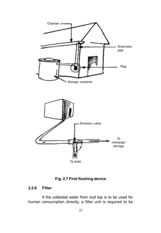 Channel




                                                     Downtake
                                                     pipe




                                                       Plug




                        Storage container




                                Diversion valve



                                                      To
                                                  recharge/
                                                   storage




                         To drain




                 Fig. 2.7 First flushing device

2.2.6   Filter

      If the collected water from roof top is to be used for
human consumption directly, a filter unit is required to be

                               17
 