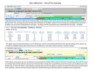 Non adherence – Out of line example
I deal with out of line (non-adherence) situations daily. In the above screen print, we can see that Arlene was scheduled to work
the late shift. The working hours for the late shift is 09:30am to 19:30pm. Arlene’s first tea break was scheduled from 10:45am –
11:00am, her lunch was scheduled from 14:15pm – 14:45pm and her second tea was scheduled from 16:15pm – 16:30pm.
The above report shows that Arlene is out of adherence and she only achieved 92.67% for the day. By looking at this report, we
are able to establish exactly why Arlene was out of adherence. Lets have a look at Arlene’s real time activity.
In the above screen print, we can see Arlene’s actual activity for Friday. Arlene took her first tea 3 minutes late, she took her lunch
15 minutes late and she took her second tea 4 minutes late. In total, this caused Arlene to be 24 minutes out of adherence on her
breaks only. In cases like these, I will schedule coaching sessions with the agents to explain to them the importance of adhering to
their schedule. I will also find out why the agent has trouble adhering and provide advice or feedback where applicable.
 