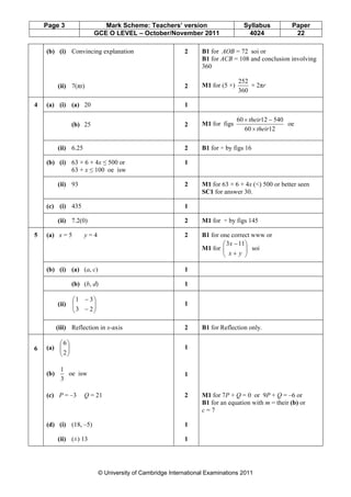 Page 3 Mark Scheme: Teachers’ version Syllabus Paper
GCE O LEVEL – October/November 2011 4024 22
© University of Cambridge International Examinations 2011
(b) (i) Convincing explanation 2 B1 for AOB = 72 soi or
B1 for ACB = 108 and conclusion involving
360
(ii) 7(πr) 2 M1 for (5 ×)
360
252
× 2πr
(a) (i) (a) 20 1
(b) 25 2 M1 for figs
1260
5401260
their
their
×
−×
oe
(ii) 6.25 2 B1 for ÷ by figs 16
(b) (i) 63 × 6 + 4x ≤ 500 or
63 + x ≤ 100 oe isw
1
(ii) 93 2 M1 for 63 × 6 + 4x (<) 500 or better seen
SC1 for answer 30.
(c) (i) 435 1
4
(ii) 7.2(0) 2 M1 for ÷ by figs 145
(a) x = 5 y = 4 2 B1 for one correct www or
M1 for 





+
−
yx
x 113
soi
(b) (i) (a) (a, c) 1
(b) (b, d) 1
(ii) 





−
−
23
31
1
5
(iii) Reflection in x-axis 2 B1 for Reflection only.
(a) 





2
6
1
(b)
3
1
oe isw 1
(c) P = –3 Q = 21 2 M1 for 7P + Q = 0 or 9P + Q = –6 or
B1 for an equation with m = their (b) or
c = 7
(d) (i) (18, –5) 1
6
(ii) (±) 13 1
 