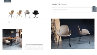 22
STEP UPHOLSTERED
Design · Mac Stopa
SANDLERSEATING
STEP
UPHOLSTERED
TONON
STEP
UPHOLSTERED
904.22
904.32
904.94
904.76
DIMENSIONS
STEP UPHOLSTERED
904.22 H 33.9” W 22.8” D 21.3” SH 18.5” AH 26” 12.1 lbs
904.32 H 33.9” W 22.8” D 21.3” SH 18.5” AH 26” 12.1 lbs
904.94 H 33.9” W 22.8” D 21.3” SH 18.5” AH 26” 13.5 lbs
904.76 H 30.3” W 29.9” D 25.2” SH 15.7” AH 21.3” 13.5 lbs
 