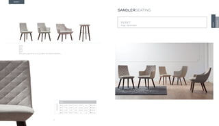 34
BERET
Design · Gabriela Raible
SANDLERSEATING
BERET
TONON
BERET
301.01
301.11
301.21
301.41
All models except 301.41 are also available with stitched upholstery
DIMENSIONS
BERET
301.01 H 34.6” W 18.9” D 25.2” SH 18.5” AH - 15.4 lbs
301.11 H 34.6” W 22.8” D 28” SH 18.5” AH 25.6” 19.8 lbs
301.21 H 29.9” W 28” D 28.7” SH 16.9” AH 21.7” 26.5 lbs
301.41 H 30.7” W 16.5” D 16.5” SH - AH - 12.1 lbs
 