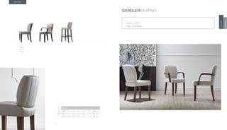 40
GALLANT
Design · Studio Borella
SANDLERSEATING
GALLANT
TONON
GALLANT
344.02
344.12
344.42
DIMENSIONS
GALLANT
344.02 H 33.9” W 19.3” D 24.4” SH 18.5” AH - 15.4 lbs
344.12 H 33.9” W 22.8” D 24.4” SH 18.5” AH 25.6” 17.2 lbs
344.42 H 43.3” W 16.9” D 21.7” SH 32.3” AH - 19.8 lbs
 