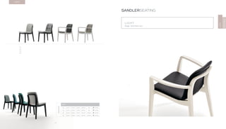 44
LIGHT
Design · Edi & Paolo Ciani
SANDLERSEATING
LIGHT
MONTBEL
LIGHT
1.1
1.2
2.1
2.2
DIMENSIONS
LIGHT
1.1 H 31.7” W 19.7” D 24.4” SH 19.1” AH - 19.9 lbs
1.2 H 31.7” W 19.7” D 24.4” SH 19.1” AH - 19.9 lbs
2.1 H 31.7” W 24.6” D 24.4” SH 19.4” AH 26.2” 24.3 lbs
2.2 H 31.7” W 24.6” D 24.4” SH 19.4” AH 26.2” 24.3 lbs
 