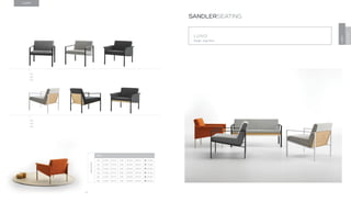 68
LUND
Design · Jorge Pensi
SANDLERSEATING
LUND
INCLASS
LUND
6.1
6.2
6.3
6.4
6.5
6.6
DIMENSIONS
LUND
6.1 H 26.8” W 27.2” D 28” SH 16.9” AH 21.1” 41.9 lbs
6.2 H 26.8” W 27.2” D 28” SH 16.9” AH 21.1” 41.9 lbs
6.3 H 26.8” W 31.2” D 28” SH 16.9” AH 21.1” 55.1 lbs
6.4 H 26.8” W 27.2” D 28” SH 16.9” AH 21.1” 55.1 lbs
6.5 H 26.8” W 27.2” D 28” SH 16.9” AH 21.1” 55.1 lbs
6.6 H 26.8” W 31.2” D 28” SH 16.9” AH 21.1” 68.3 lbs
 