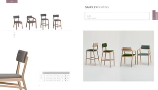 106
AKI
Design · Cantarutti
SANDLERSEATING
AKI
GROOVE
AKI
1.0
2.0
3.0
4.0
DIMENSIONS
AKI
1.0 H 33.5” W 18.5” D 20.9” SH 18.5” AH - 13.2 lbs
2.0 H 32.3” W 21.3” D 22.4” SH 18.9” AH 25.2” 17.6 lbs
3.0 H 43.7” W 18.3” D 21.3” SH 30.3” AH - 17.6 lbs
4.0 H custom W 18.3” D 21.3” SH custom AH - 17 lbs
 