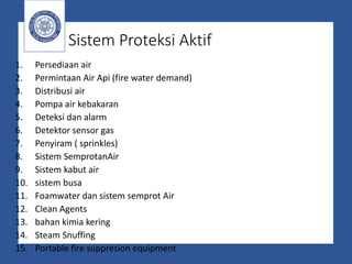 Sistem Proteksi Aktif
1. Persediaan air
2. Permintaan Air Api (fire water demand)
3. Distribusi air
4. Pompa air kebakaran
5. Deteksi dan alarm
6. Detektor sensor gas
7. Penyiram ( sprinkles)
8. Sistem SemprotanAir
9. Sistem kabut air
10. sistem busa
11. Foamwater dan sistem semprot Air
12. Clean Agents
13. bahan kimia kering
14. Steam Snuffing
15. Portable fire suppresion equipment
 