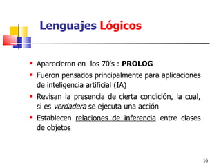 Aparecieron en  los 70's  :  PROLOG Fueron pensados principalmente para aplicaciones de inteligencia artificial (IA) Revisan la presencia de cierta condición, la cual,   si es  verdadera  se ejecuta una acción Establecen  relaciones de inferencia  entre clases de objetos Lenguajes  Lógicos 