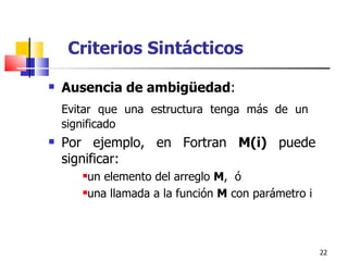 Criterios Sintácticos Ausencia de ambigüedad : Evitar que una estructura tenga más de un  significado Por ejemplo, en Fortran  M(i)  puede significar: un elemento del arreglo  M ,  ó una llamada a la función  M  con parámetro i 