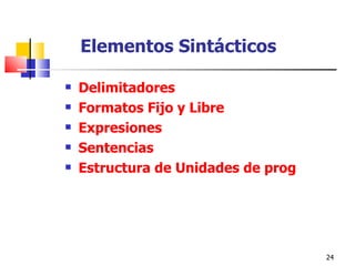 Elementos Sintácticos Delimitadores Formatos Fijo y Libre Expresiones Sentencias Estructura de Unidades de programa 