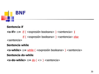 Sentencia if <s-if> ::=  if   (   <expresión booleana>  )  <sentencia>  |   if   (  <expresión booleana>  )  <sentencia>  else  <sentencia>  Sentencia while <s-while> ::=  while   (  <expresión booleana>  )  <sentencia> Sentencia do-while <s-do-while> ::=  do   (  <>  )  <sentencia> BNF 