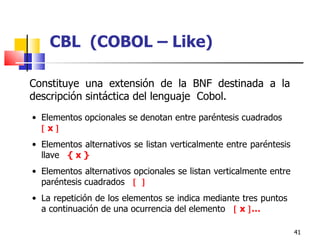 Constituye una extensión de la BNF destinada a la descripción sintáctica del lenguaje  Cobol.   CBL  (COBOL – Like) Elementos opcionales se denotan entre paréntesis cuadrados    x     Elementos alternativos se listan verticalmente entre paréntesis llave  { x } Elementos alternativos  opcionales  se listan verticalmente entre paréntesis  cuadrados        La repetición de los elementos se indica mediante tres puntos  a continuación de una ocurrencia del elemento    x   …   