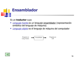 Es un  traductor  cuyo  L enguaje fuente  es un lenguaje  ensamblador  (representación simbólica del lenguaje de máquina)  L enguaje objeto  es el lenguaje de máquina del computador   Ensamblador Programa en Leng. Ensam. Ensamblador Programa en  LM  