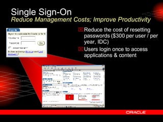 Reduce the cost of resetting passwords ($300 per user / per year, IDC) Users login once to access applications & content Single Sign-On  Reduce Management Costs; Improve Productivity 