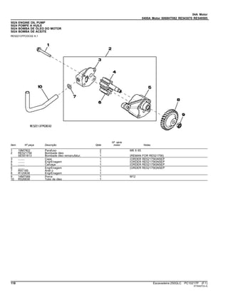 04A Motor
0400A Motor 6068HT082 RE543070 RE549585
5024 ENGINE OIL PUMP
5024 POMPE A HUILE
5024 BOMBA DE ÓLEO DO MOTOR
5024 BOMBA DE ACEITE
RE522137PCDC02 A.1
Item Nº peça Descrição Qtde
Nº série
motor Notas
1 19M7802 Parafuso 2 M8 X 65
2 RE521756 Bombade óleo 1
SE501813 Bombade óleo remanufatur. 1 (REMAN FOR RE521756)
3 ........ Capa 1 (ORDER RE521756)NSEP
4 ........ EngrEnagem 1 (ORDER RE521756)NSEP
5 ........ Carcaça 1 (ORDER RE521756)NSEP
6 ........ EngrEnagem 1 (ORDER RE521756)NSEP
7 R97185 Anel o 1
8 R120638 EngrEnagem 1
9 14M7066 Porca 1 M12
10 R526838 Tubo de óleo 1
118 Escavadeira 250GLC PC10217P (F.1)
ST30427(A.4)
 