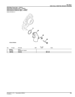 04A Motor
0400A Motor 6068HT082 RE543070 RE549585
5702 Water Pump Inlet ( - 813813)
5702 Entrée de pompe à eau ( - 813813)
5702 Entrada da Bomba de Água ( - 813813)
5702 Entrada de bomba de agua ( - 813813)
RE59312PCDD03 A.1
Item Nº peça Descrição Qtde
Nº série
motor Notas
1 R89944 Anel o 1
2 R121635 Conexão em ângulo 1
3 19M7867 Parafuso 1 M8 X 25
4 19M7802 Parafuso 1 M8 X 65
PC10217P (F.1) Escavadeira 250GLC 123
ST442052(A.1)
 