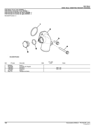 04A Motor
0400A Motor 6068HT082 RE543070 RE549585
5728 Water Pump Inlet (825946 - )
5728 Entrée de pompe à eau (825946 - )
5728 Entrada da Bomba de Água (825946 - )
5728 Entrada de bomba de agua (825946 - )
RE530087PCDA04 A.1
Item Nº peça Descrição Qtde
Nº série
motor Notas
1 R89944 Anel o 1
2 R522686 Conexão em ângulo 1
3 19M7867 Parafuso 1 M8 X 25
4 19M7802 Parafuso 1 M8 X 65
5 U17409 Anel o 1
6 R82718 Tampão de dreno 1
124 Escavadeira 250GLC PC10217P (F.1)
ST442057(A.1)
 