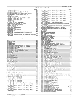 Escavadeira 250GLC
Índice alfabético - continuação
Página Página
Bucket Cylinder Components............................................................ 738
Bucket Cylinder Components (Super Long Front)............................. 740
BUCKET CYLINDER SEAL KIT........................................................ 738
BUCKET CYLINDER SEAL KIT (SUPER LONG FRONT)................ 740
BUCKET HYDRAULIC CYLINDER TO ARM LINK........................... 668
Bucket Link........................................................................................ 670
BUCKET LINK BUSHING.................................................................. 670
Bucket Thumb Attaching Pins (Kits Built 28 June 2010 -)................. 630
Bucket Tooth System, TK225 Series................................................. 626
Bucket Tooth System, TK400 Series................................................. 628
Bucket, Ditching................................................................................. 618
Bucket, Heavy Duty........................................................................... 620
BUCKET, HEAVY DUTY HIGH CAPACITY....................................... 622
Bucket, Super Long Front (0.52 Yd³, 30 In.)...................................... 624
Bushing, Auxiliary Pilot Control Valve................................................ 642
BUSHING, BUCKET LINK................................................................. 670
Bushing, Door Catch ......................................................................... 472
Bushing, Track Chain Assembly.......................................................... 38
Bushings, 2.5m Arm .......................................................................... 664
Bushings, Arm, Super Long Front ..................................................... 666
BUSHINGS, BOOM........................................................................... 654
Bushings, Cab ................................................................................... 464
By Pass Tube, Thermostat Housing- 3917-6068HT062 -
RE526223 .................................................................................... 212
By Pass Tube, Thermostat Housing- 3917-6068HT062 - RE549584,
RE554435 .................................................................................... 300
C
Cab.................................................................................................... 456
Cab Air Vent Cover............................................................................ 466
Cab Armrest ...................................................................................... 520
Cab Beacon Relay............................................................................. 416
Cab Beacon Switch ........................................................................... 416
Cab Components (Brackets, Bushings and Stoppers)...................... 464
Cab Components (Cab Light, Antenna and Speakers) ..................... 460
Cab Components (Door Catch)......................................................... 472
Cab Components (Door) ................................................................... 474
Cab Components (Handrail, Guard Bars) ......................................... 466
Cab Components (Sunroof, Shade, and Headliner).......................... 470
Cab Console and Armrest ................................................................. 520
Cab Consoles.................................................................................... 520
Cab Dome Light................................................................................. 460
Cab Door ........................................................................................... 462
Cab Door Components...................................................................... 474
Cab Door Lock................................................................................... 474
Cab Door Window Glass ................................................................... 474
Cab Floor Brackets............................................................................ 484
Cab Floor Cover ................................................................................ 486
CAB FLOOR PLATE.......................................................................... 502
Cab Floor Plate Hardware................................................................. 488
Cab Glass.......................................................................................... 462
CAB GUARD, FOPS ......................................................................... 492
Cab Headliner.................................................................................... 470
Cab Horn ........................................................................................... 438
Cab Inside Right Cover ..................................................................... 480
Cab Light Switch................................................................................ 416
Cab Light Wiring Harness.................................................................. 416
Cab Mounting Bracket....................................................................... 490
Cab Mounts ....................................................................................... 458
Cab Shell Wiring Harness ................................................................. 416
Cab Sunroof ...................................................................................... 470
CAB TO FLOOR PLATE HARDWARE.............................................. 488
Cab Wiring Harness .......................................................................... 436
CAB WIRING HARNESS COVER..................................................... 438
CAB WIRING HARNESS GROUND STRAPS.................................. 436
CAB WIRING HARNESS RELAYS ................................................... 436
Cable, Battery Engine 6068HT082.................................................... 408
Cable, Battery, Engine 6068HT062................................................... 410
Cable, Door Catch Release............................................................... 472
Cable, Starter, Engine 6068HT062.................................................... 410
Cable, Starter, Engine 6068HT082.................................................... 408
Cabo , Cabo , Air Suspension Heated Seat Components................. 506
Cabo , Cabo , Componentes da Cabine (Detentor da Porta)............ 472
Cabo , Cabo , Componentes da Cabine (Porta)................................ 474
Cabo , Cabo da bateria , Baterias, Apoio e Cabos (Motor
6068HT062) ................................................................................. 410
Cabo , Cabo da bateria , Baterias, Apoio e Cabos (Motor
6068HT062) ................................................................................. 410
Cabo , Cabo da bateria , Baterias, Apoio e Cabos (Motor
6068HT062) ................................................................................. 410
Cabo , Cabo da bateria , Baterias, Apoio e Cabos (Motor
6068HT082) ................................................................................. 408
Cabo , Cabo da bateria , Baterias, Apoio e Cabos (Motor
6068HT082) ................................................................................. 408
Cabo , Cabo da bateria , Baterias, Apoio e Cabos (Motor
6068HT082) ................................................................................. 408
Cabo , Cabo da bateria , Baterias, Apoio e Cabos (Motor
6068HT082) ................................................................................. 408
Cabo , Cabo negativo , Baterias, Apoio e Cabos (Motor
6068HT062) ................................................................................. 410
Cabo , Cabo negativo , Baterias, Apoio e Cabos (Motor
6068HT082) ................................................................................. 408
Cabo , Cabo negativo , Chicote Elétrico da Cabine .......................... 436
Cabo , Kit cabo de ajuste assento , Air Suspension Heated Seat
Components................................................................................. 506
Cabo , Kit cabo de ajuste assento , Componentes do Asssento com
Suspensão Mecânica................................................................... 510
Camshaft, Cylinder Block- 4633-6068HT062 - RE526223................ 222
Camshaft, Cylinder Block- 4633-6068HT062 - RE549584,
RE554435 .................................................................................... 310
Cap, Fuel Tank .................................................................................. 396
Carrier Roller ....................................................................................... 30
Case, Air Conditioner and Heater...................................................... 528
Case, Travel Motion Alarm Switch .................................................... 580
Catch, Door ....................................................................................... 472
Center Joint Components.................................................................. 744
Center Joint Seal and Swing Stop..................................................... 748
CHAIN ADJUSTER, TRACK ............................................................... 32
CHAIN DRIVE GEAR, TRACK............................................................ 44
CHAIN IDLER, TRACK........................................................................ 34
Chain, Track Assembly........................................................................ 38
Channel, Cab Door Window.............................................................. 474
Channel, Main Frame........................................................................ 446
Clamp, Direct Hydraulic (Kits Built 28 June 2010 -) .......................... 630
Clamp, Progressive Hydraulic (Kits Built 28 June 2010 -)................. 632
Clutch, Compressor, Air Conditioning................................................ 532
CODE 1517 FLYWHEEL..................................................................... 73
CODE 1989 OIL PAN .......................................................................... 78
CODE 2001 WATER PUMP PULLEY ................................................. 80
CODE 2154 THERMOSTAT COVER .................................................. 81
CODE 2255 THERMOSTAT................................................................ 82
CODE 24FF FAN BELT....................................................................... 83
CODE 2695 COOLANT HEATER PLUG............................................. 84
CODE 2962 VENTILATING SYSTEM................................................. 88
CODE 3031 STARTER........................................................................ 90
CODE 35EN FUEL FILTER................................................................. 94
CODE 3614 FRONT PLATE AND IDLER GEAR ................................ 96
CODE 3713 FUEL TRANSFER PUMP ............................................... 98
CODE 4079 ENGINE OIL DIPSTICK AND TUBE............................. 102
CODE 4112 FRONT AUXILIARY DRIVE .......................................... 104
CODE 4330 STARTING AID ............................................................. 106
CODE 4435 TIMING GEAR COVER................................................. 108
CODE 4633 CYLINDER BLOCK........................................................110
CODE 4712 CRANKSHAFT AND BEARINGS...................................112
CODE 4834 CONNECTING RODS AND PISTONS ..........................114
CODE 5024 OIL PUMP......................................................................118
CODE 5128 CYLINDER HEAD......................................................... 120
CODE 5204 AUXILIARY DRIVE COVER.......................................... 122
CODE 6382 FUEL FILTER LINES .................................................... 128
CODE 6698 WATER TEMPERATURE SENSOR - PLUG ................ 132
CODE 6744 ENGINE SENSORS...................................................... 134
CODE 8718 FAN DRIVE TENSIONER ............................................. 140
CODE 8875 OIL FILTER ADAPTER ................................................. 141
CODE 9801 LIFT STRAPS ............................................................... 142
CODE 9901 AIR COMPRESSOR KIT (MIDLAND)........................... 165
CODE 9901 BEARING KIT ....................................... 143, 145, 146, 147
CODE 9901 CONNECTING ROD BEARING.................................... 144
CODE 9901 ENGINE GASKET KIT .................................................. 160
CODE 9901 ENGINE OVERHAUL KIT............................................. 158
CODE 9901 GASKET KIT, EGR VALVE ........................................... 169
CODE 9901 HELICAL GEAR............................................................ 168
CODE 9901 MAIN THRUST BEARING ............................................ 148
CODE 9901 O-RING KIT................................................................... 152
CODE 9901 PISTON LINER KIT (9901) ........................................... 152
CODE 9901 PISTON RING KIT ........................................................ 154
CODE 9901 REAR OIL SEAL ........................................................... 150
CODE 9901 SHORT BLOCK ASSEMBLY ........................................ 170
CODE 9901 STARTER RELAY ................................................. 162, 164
CODE 9901 SUCTION CONTROL VALVE ....................................... 163
CODE 9901 WATER PUMP REPAIR KIT ......................................... 151
CODE 9902 CYLINDER LINER PACKING(9901)............................. 149
CODE 9902 ENGINE GASKET SET, OVERHAUL ........................... 156
CODE1403 FLYWHEEL HOUSING .................................................... 72
PC10217P (F.1) Escavadeira 250GLC 13
 