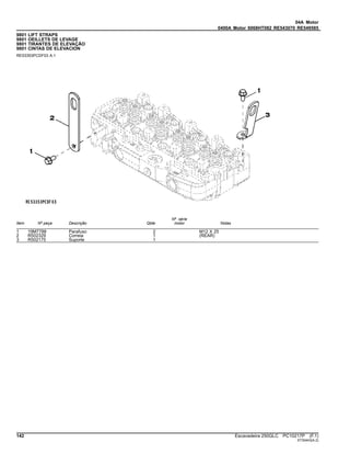 04A Motor
0400A Motor 6068HT082 RE543070 RE549585
9801 LIFT STRAPS
9801 OEILLETS DE LEVAGE
9801 TIRANTES DE ELEVAÇÃO
9801 CINTAS DE ELEVACION
RE53353PCDF03 A.1
Item Nº peça Descrição Qtde
Nº série
motor Notas
1 19M7788 Parafuso 2 M12 X 25
2 R502329 Correia 1 (REAR)
3 R502175 Suporte 1
142 Escavadeira 250GLC PC10217P (F.1)
ST30443(A.2)
 