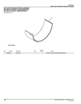 04A Motor
0400A Motor 6068HT082 RE543070 RE549585
9901 CONNECTING ROD BEARINGS, UNDERSIZED
9901 BIELLE COUSSINETS, A COTE INFERIEURE
9901 MANCAIS DE BIELA, SUBDIMENSIONADOS
9901 BIELA COJINETES, TAMANO INFERIOR
RE65909PCDB01 A.1
Item Nº peça Descrição Qtde
Nº série
motor Notas
1 RE65909 Rolamento 1 CONNECTING ROD(.254MM)UNDERSIZE
144 Escavadeira 250GLC PC10217P (F.1)
ST30445(A.2)
 