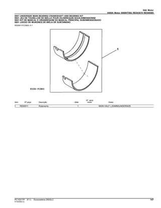 04A Motor
0400A Motor 6068HT082 RE543070 RE549585
9901 UNDERSIZE MAIN BEARING CRANKSHAFT AND BEARING KIT
9901 JEU DE TOURILLON DE BIELLE POUR VILEBREQUIN SOUS-DIMENSIONNE
9901 KIT DE MANCAL E VIRABREQUIM DO MANCAL PRINCIPAL SUBDIMENSIONADO
9901 JUEGO DE MUNONES DE BIELA DE SUBTAMANO
RE65911PCDB03 A.1
Item Nº peça Descrição Qtde
Nº série
motor Notas
1 RE65911 Rolamento 1 MAIN HALF (.254MM)UNDERSIZE
PC10217P (F.1) Escavadeira 250GLC 147
ST30448(A.2)
 