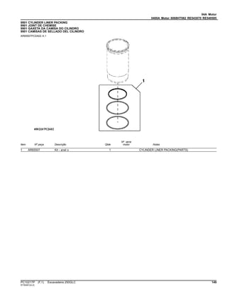 04A Motor
0400A Motor 6068HT082 RE543070 RE549585
9901 CYLINDER LINER PACKING
9901 JOINT DE CHEMISE
9901 GAXETA DA CAMISA DO CILINDRO
9901 CAMISAS DE SELLADO DEL CILINDRO
AR65507PCDA02 A.1
Item Nº peça Descrição Qtde
Nº série
motor Notas
1 AR65507 Kit - anel o 1 CYLINDER LINER PACKING(PARTS)
PC10217P (F.1) Escavadeira 250GLC 149
ST30451(A.2)
 