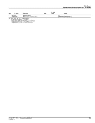 04A Motor
0400A Motor 6068HT082 RE543070 RE549585
Item Nº peça Descrição Qtde
Nº série
motor Notas
1 PE11011 Motor a diesel 1 (A)
SE502707 Motor a diesel remanufatur. 1 (REMAN FOR PE11011)
(A) MAY NOT BE AS ILLUSTRATED
PEUT NE PAS ETRE ILLUSTRE
PODE NÃO SER CONFORME ILUSTRADO
PUEDE DIFERIR DE LA ILUSTRACION
PC10217P (F.1) Escavadeira 250GLC 173
ST30468(D.1)
 