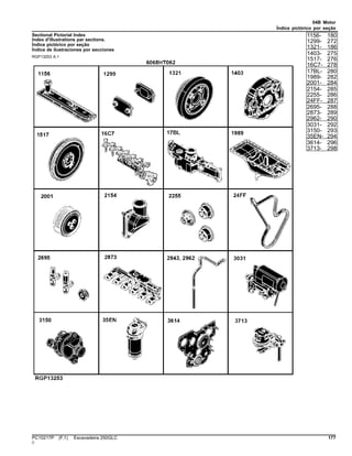 04B Motor
Índice pictórico por seção
Sectional Pictorial Index
Index d'illustrations par sections.
Índice pictórico por seção
Índice de ilustraciones por secciones
RGP13253 A.1
1156- 180
1299- 272
1321- 186
1403- 275
1517- 276
16C7- 278
17BL- 280
1989- 282
2001- 284
2154- 285
2255- 286
24FF- 287
2695- 288
2873- 289
2962- 290
3031- 292
3150- 293
35EN- 294
3614- 296
3713- 298
PC10217P (F.1) Escavadeira 250GLC 177
()
 