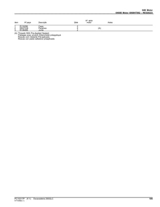 04B Motor
0400B Motor 6068HT062 - RE526223
Item Nº peça Descrição Qtde
Nº série
motor Notas
1 R116296 Capa 2
2 RE67238 Parafuso 4 (A)
3 R136495 Junta 2
(A) Threads With Pre-Applied Sealant
Filetages avec produit d'étanchéité préappliqué
Roscas com Vedante Pré-aplicado
Roscas con pasta selladora preaplicada
PC10217P (F.1) Escavadeira 250GLC 185
ST73498(D.1)
 