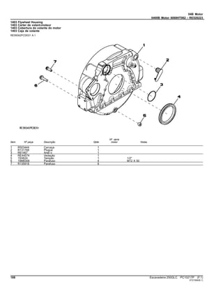 04B Motor
0400B Motor 6068HT062 - RE526223
1403 Flywheel Housing
1403 Carter de volant-moteur
1403 Cobertura do volante do motor
1403 Caja de volante
RE59342PCDE01 A.1
Item Nº peça Descrição Qtde
Nº série
motor Notas
1 R503444 Carcaça 1
2 R131768 Plugue 1
3 R61467 Anel o 1
4 RE44574 Vedação 1
5 15H624 Tampão 1 1/2"
6 19M8306 Parafuso 4 M12 X 50
7 R135918 Parafuso 8
188 Escavadeira 250GLC PC10217P (F.1)
ST21584(B.1)
 