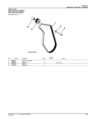 04B Motor
0400B Motor 6068HT062 - RE526223
24FF Fan Belt
24FF Courroie du ventilateur
24FF Correia do Ventilador
24FF Correa del ventilador
RE528645PCDB01 A.1
Item Nº peça Descrição Qtde
Nº série
motor Notas
1 R500242 Correia trapezoidal 1
2 R502079 Luva 1
3 19M7811 Parafuso 1 M10 X 90
4 AT211041 Polia 1
5 R133643 Espaçador 1
PC10217P (F.1) Escavadeira 250GLC 199
ST21533(B.1)
 