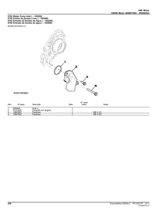 04B Motor
0400B Motor 6068HT062 - RE526223
5702 Water Pump Inlet ( - 165506)
5702 Entrée de pompe à eau ( - 165506)
5702 Entrada da Bomba de Água ( - 165506)
5702 Entrada de bomba de agua ( - 165506)
RE59312PCDD03 A.1
Item Nº peça Descrição Qtde
Nº série
motor Notas
1 R89944 Anel o 1
2 R121635 Conexão em ângulo 1
3 19M7867 Parafuso 1 M8 X 25
4 19M7802 Parafuso 1 M8 X 65
236 Escavadeira 250GLC PC10217P (F.1)
ST442051(A.1)
 
