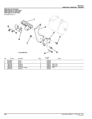 04B Motor
0400B Motor 6068HT062 - RE526223
6266 Alternator Brackets
6266 Supports de l'alternateur
6266 Suportes do Alternador
6266 Soporte de alternador
RE522288PCDA02 A.1
Item Nº peça Descrição Qtde
Nº série
motor Notas
1 R516584 Apoio 1 -000633
2 R503890 Correia 1 -000633
3 R516510 Apoio 1 -000633
4 19M7785 Parafuso 2 -000633 M10 X 25
5 19M7786 Parafuso 7 -000633 M10 X 30
6 19M7801 Parafuso 2 -000633 M8 X 60
7 14M7296 Porca com flange 3 -000633 M10
8 R503766 Suporte 1 -000633
238 Escavadeira 250GLC PC10217P (F.1)
ST21561(B.1)
 