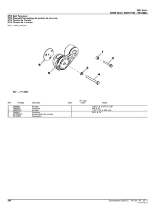 04B Motor
0400B Motor 6068HT062 - RE526223
8718 Belt Tensioner
8718 Dispositif de réglage de tension de courroie
8718 Tensor da Correia
8718 Tensor de la correa
RE517336PCDD03 A.1
Item Nº peça Descrição Qtde
Nº série
motor Notas
1 28H860 Arruela 1 0.423" X 0.675" X 3/8"
2 19M7801 Parafuso 1 M8 X 60
3 24M7106 Arruela 1 10 X 18 X 2.500 mm
4 19M8131 Parafuso 1 M10 X 70
5 RE518097 Tensionador de correia 1
6 R518210 Espaçador 1
254 Escavadeira 250GLC PC10217P (F.1)
ST21571(B.1)
 