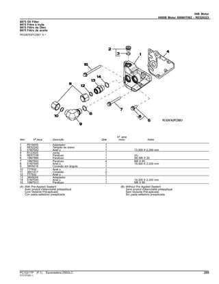 04B Motor
0400B Motor 6068HT062 - RE526223
8875 Oil Filter
8875 Filtre à huile
8875 Filtro de Óleo
8875 Filtro de aceite
RE528763PCDB01 A.1
Item Nº peça Descrição Qtde
Nº série
motor Notas
1 R518455 Adaptador 1
2 RE52242 Tampão de dreno 1
3 51M7042 Anel o 1 13.300 X 2.200 mm
4 R123525 Junta 1
5 RE67238 Parafuso 1 (A)
6 19M7866 Parafuso 1 (B) M8 X 20
7 19M7802 Parafuso 4 M8 X 65
8 51M7045 Anel o 1 19.300 X 2.200 mm
9 38H5018 Conexão em ângulo 1
10 T77932 Anel o 1
11 38H1417 Conexão 2
12 T77932 Anel o 1
13 38H5004 Adaptador 1
14 51M7045 Anel o 1 19.300 X 2.200 mm
15 19M7913 Parafuso 1 M8 X 90
(A) With Pre-Applied Sealant
Avec produit d'étanchéité préappliqué
Com Vedante Pré-aplicado
Con pasta selladora preaplicada
(B) Without Pre Applied Sealant
Sans produit d'étanchéité préappliqué
Sem Vedante Pré-aplicado
Sin pasta selladora preaplicada
PC10217P (F.1) Escavadeira 250GLC 255
ST21572(B.1)
 