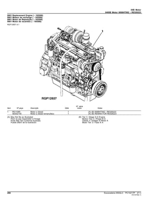 04B Motor
0400B Motor 6068HT062 - RE526223
9901 Replacement Engine ( - 165506)
9901 Moteur de rechange ( - 165506)
9901 Motor de Reposição ( - 165506)
9901 Motor de recambio ( - 165506)
RGP12657 A.1
Item Nº peça Descrição Qtde
Nº série
motor Notas
1 PE11089 Motor a diesel 1 (A) (B) 6068HT062 - RE526223
SE502140 Motor a diesel remanufatur. 1 (A) (B) REMAN FOR RE526223
(A) May Not Be as Illustrated
Peut ne pas ressembler à l'image
Pode Não Ser Conforme Ilustrado
Puede diferir de la ilustración
(B) Tier 3 / Stage III A Engine
Moteur Tier 3 / Phase III A
Classe 3 / Estágio III Motor A
Motor Tier 3 / Fase III A
266 Escavadeira 250GLC PC10217P (F.1)
ST21575(E.1)
 