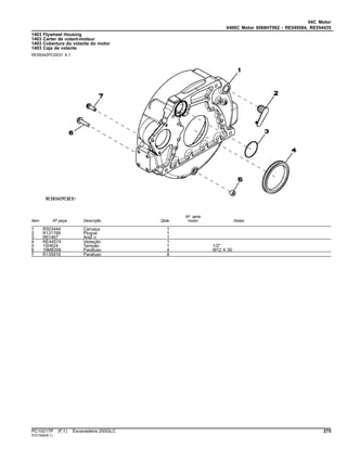 04C Motor
0400C Motor 6068HT062 - RE549584, RE554435
1403 Flywheel Housing
1403 Carter de volant-moteur
1403 Cobertura do volante do motor
1403 Caja de volante
RE59342PCDE01 A.1
Item Nº peça Descrição Qtde
Nº série
motor Notas
1 R503444 Carcaça 1
2 R131768 Plugue 1
3 R61467 Anel o 1
4 RE44574 Vedação 1
5 15H624 Tampão 1 1/2"
6 19M8306 Parafuso 4 M12 X 50
7 R135918 Parafuso 8
PC10217P (F.1) Escavadeira 250GLC 275
ST21584(B.1)
 