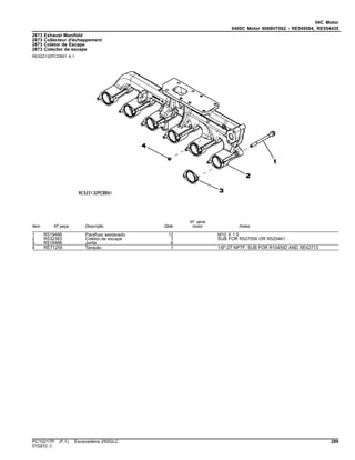 04C Motor
0400C Motor 6068HT062 - RE549584, RE554435
2873 Exhaust Manifold
2873 Collecteur d'échappement
2873 Coletor de Escape
2873 Colector de escape
RE522132PCDB01 A.1
Item Nº peça Descrição Qtde
Nº série
motor Notas
1 R519486 Parafuso sextavado 12 M10 X 1.5
2 R532383 Coletor de escape 1 SUB FOR R527556 OR R520461
3 R519488 Junta 6
4 RE71255 Tampão 1 1/8''-27 NPTF, SUB FOR R104592 AND RE42713
PC10217P (F.1) Escavadeira 250GLC 289
ST3087(C.1)
 