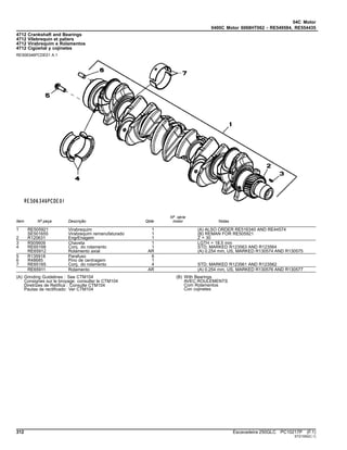 04C Motor
0400C Motor 6068HT062 - RE549584, RE554435
4712 Crankshaft and Bearings
4712 Vilebrequin et paliers
4712 Virabrequim e Rolamentos
4712 Cigüeñal y cojinetes
RE506346PCDE01 A.1
Item Nº peça Descrição Qtde
Nº série
motor Notas
1 RE505921 Virabrequim 1 (A) ALSO ORDER RE516340 AND RE44574
SE501655 Virabrequim remanufaturado 1 (B) REMAN FOR RE505921
2 R120631 EngrEnagem 1 Z = 30
3 R505609 Chaveta 1 LGTH = 18.5 mm
4 RE65168 Conj. do rolamento 1 STD; MARKED R123563 AND R123564
RE65912 Rolamento axial AR (A) 0.254 mm, US, MARKED R130574 AND R130575
5 R135918 Parafuso 6
6 R48685 Pino de centragem 1
7 RE65165 Conj. do rolamento 4 STD; MARKED R123561 AND R123562
RE65911 Rolamento AR (A) 0.254 mm, US, MARKED R130576 AND R130577
(A) Grinding Guidelines : See CTM104
Consignes sur le broyage: consulter le CTM104
Diretrizes de Retífica : Consulte CTM104
Pautas de rectificado: Ver CTM104
(B) With Bearings
AVEC ROULEMENTS
Com Rolamentos
Con cojinetes
312 Escavadeira 250GLC PC10217P (F.1)
ST21550(C.1)
 