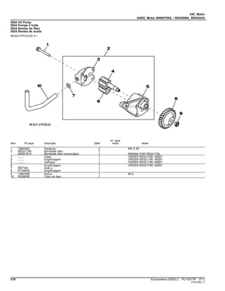 04C Motor
0400C Motor 6068HT062 - RE549584, RE554435
5024 Oil Pump
5024 Pompe à huile
5024 Bomba de Óleo
5024 Bomba de aceite
RE522137PCDC02 A.1
Item Nº peça Descrição Qtde
Nº série
motor Notas
1 19M7802 Parafuso 2 M8 X 65
2 RE521756 Bombade óleo 1
SE501813 Bombade óleo remanufatur. 1 REMAN FOR RE521756
3 ........ Capa 1 ORDER RE521756; NSEP
4 ........ EngrEnagem 1 ORDER RE521756; NSEP
5 ........ Carcaça 1 ORDER RE521756; NSEP
6 ........ EngrEnagem 1 ORDER RE521756; NSEP
7 R97185 Anel o 1
8 R120638 EngrEnagem 1
9 14M7066 Porca 1 M12
10 R526838 Tubo de óleo 1
318 Escavadeira 250GLC PC10217P (F.1)
ST20784(C.1)
 